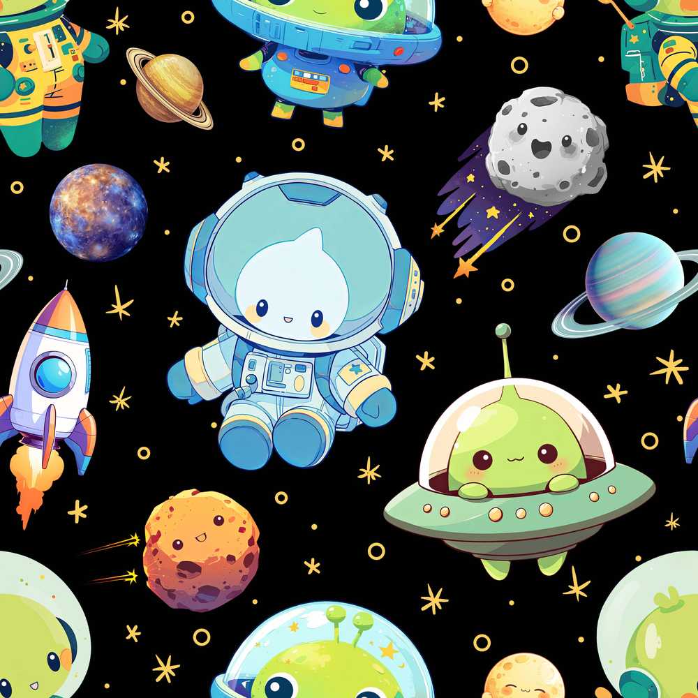 Space Astronaut Alien UFO Planets Meteors Stars Black Background