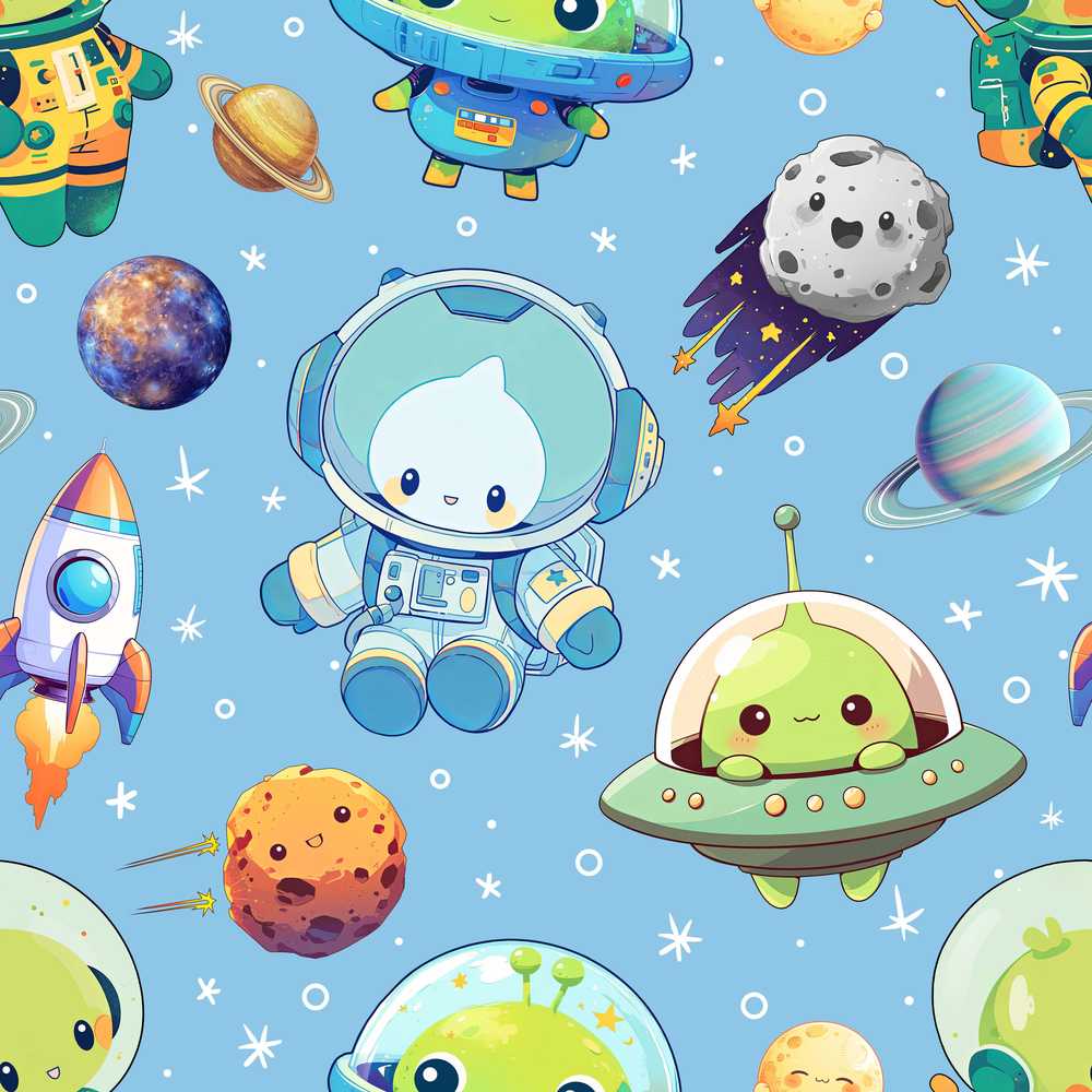 Space Astronaut Alien UFO Planets Meteors Stars Blue Background
