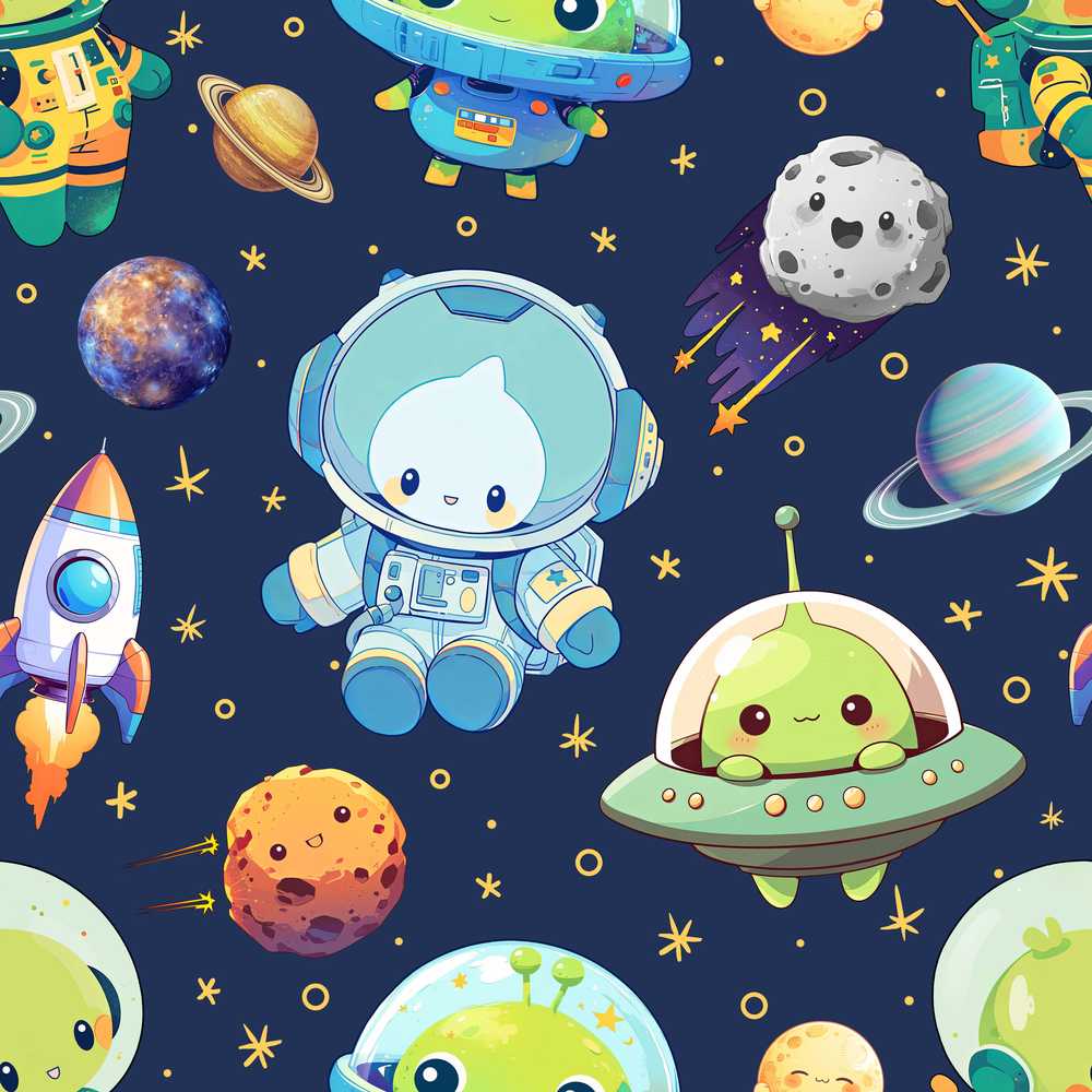 Space Astronaut Alien UFO Planets Meteors Stars Navy Background
