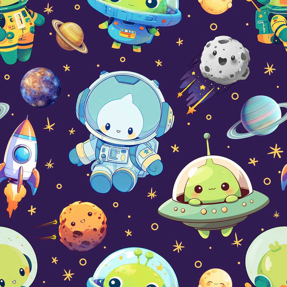 Space Astronaut Alien UFO Planets Meteors Stars Purple Background