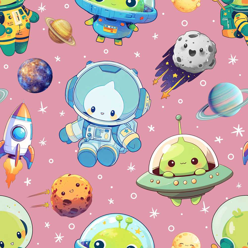 Space Astronaut Alien UFO Planets Meteors Stars Pink Background