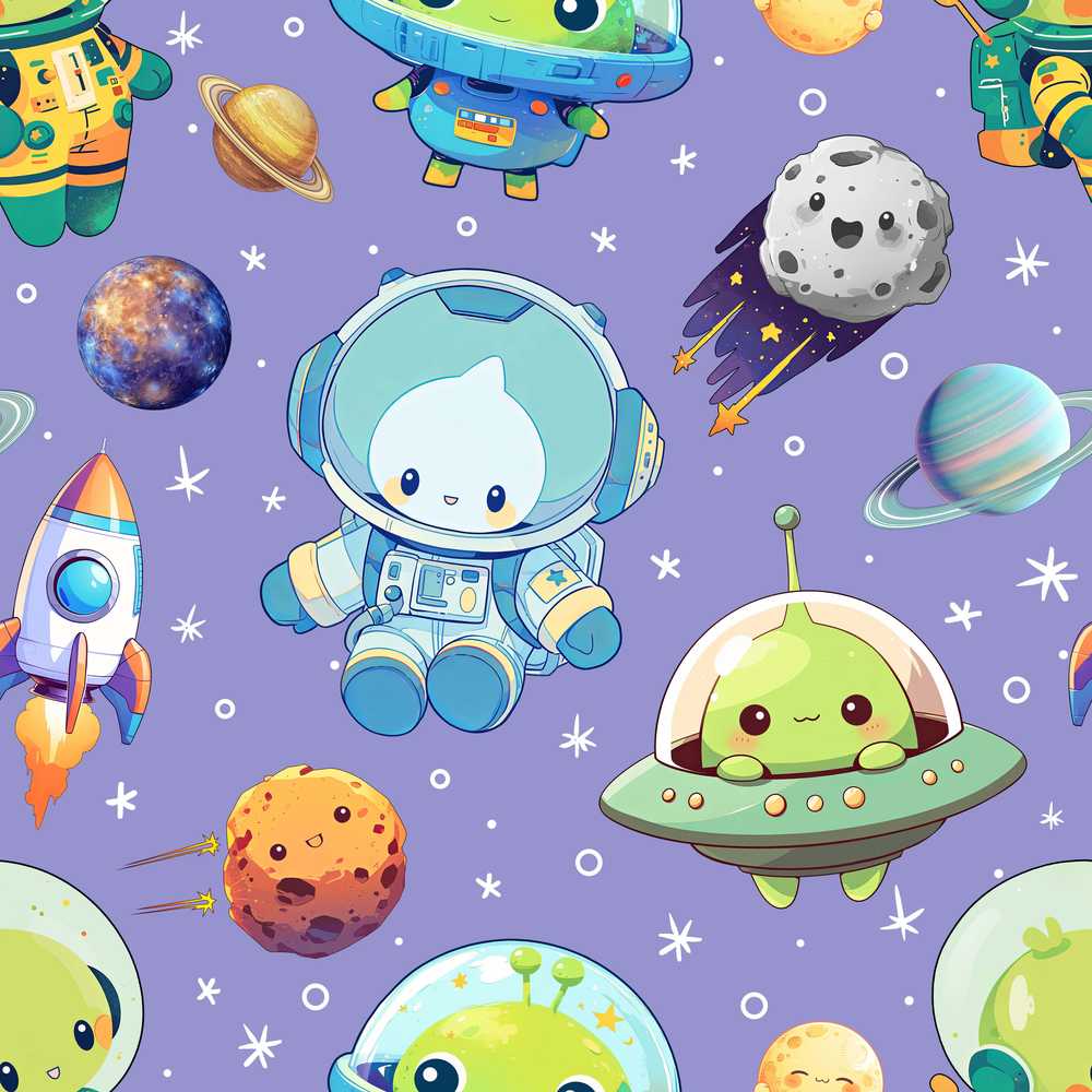 Space Astronaut Alien UFO Planets Meteors Stars Purple Background