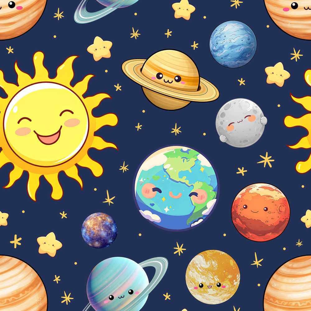 Solar System Sun Earth Saturn Planets Stars Navy Background