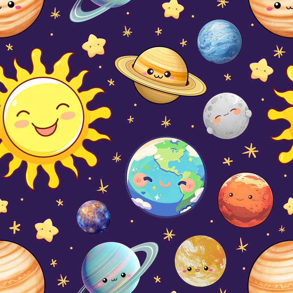 Solar System Sun Earth Saturn Planets Stars Purple Background