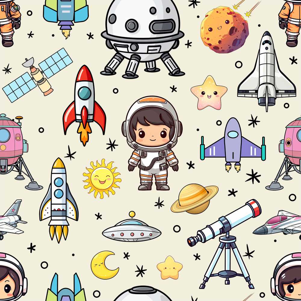 Space Astronaut Rockets UFO Telescope Stars Cream Background