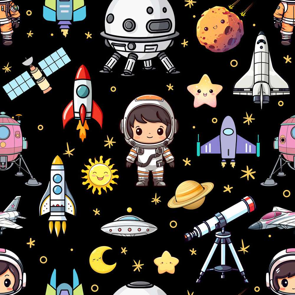 Space Astronaut Rockets UFO Telescope Stars Black Background