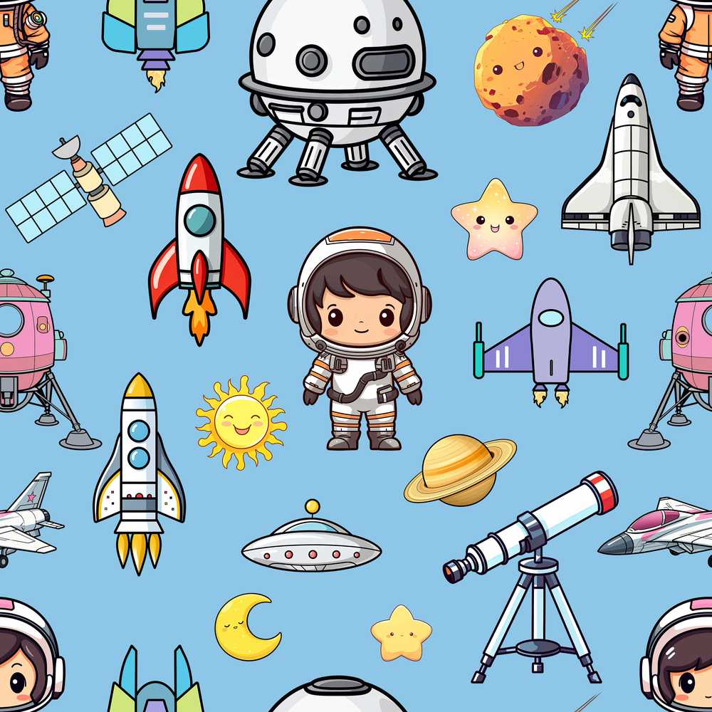 Space Astronaut Rockets UFO Telescope Stars Blue Background