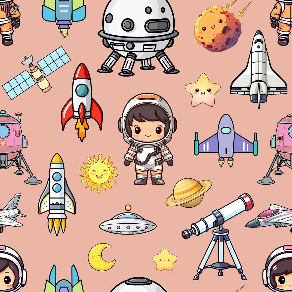 Space Astronaut Rockets UFO Telescope Stars Peach Background