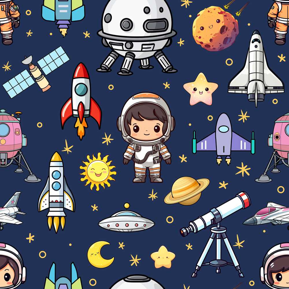 Space Astronaut Rockets UFO Telescope Stars Navy Blue Background