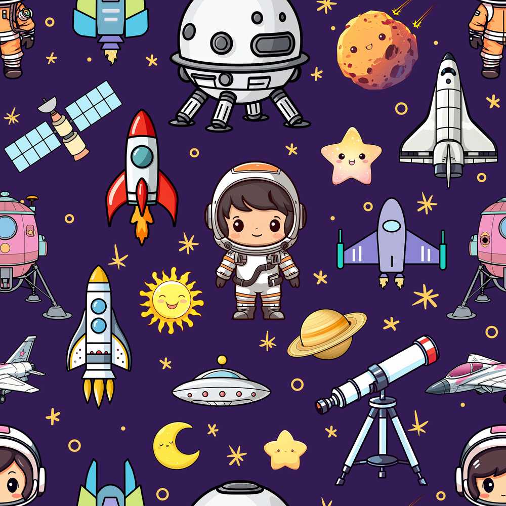 Space Astronaut Rockets UFO Telescope Stars Deep Purple Background