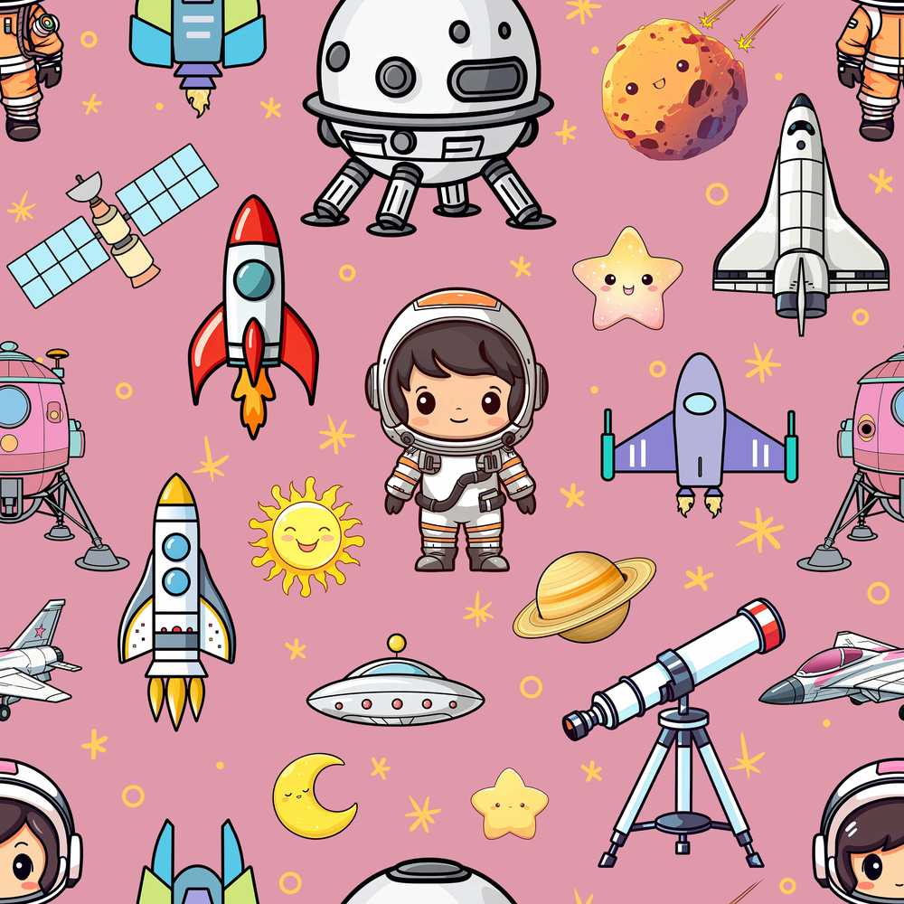 Space Astronaut Rockets UFO Telescope Stars Pink Background