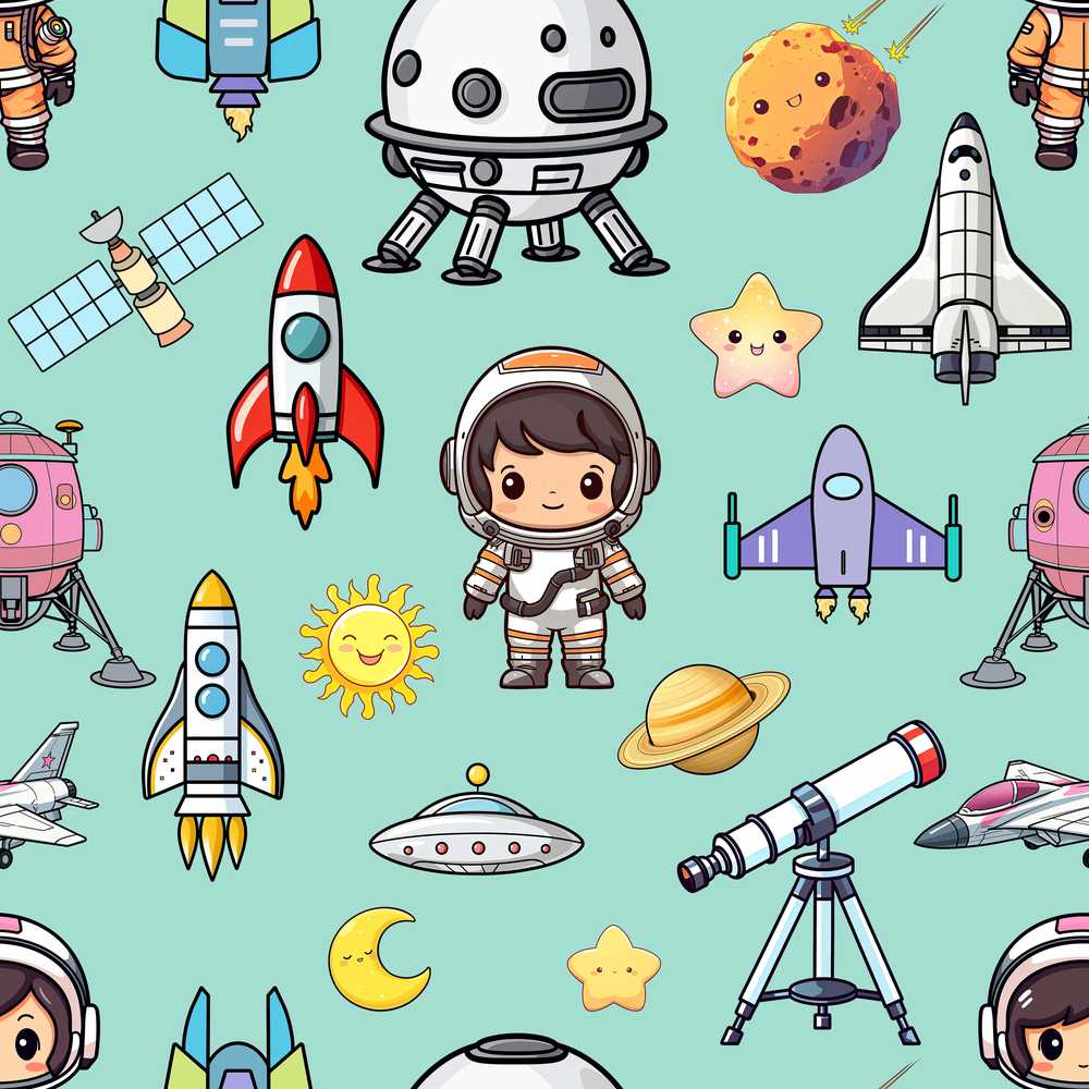 Space Astronaut Rockets UFO Telescope Stars Mint Green Background