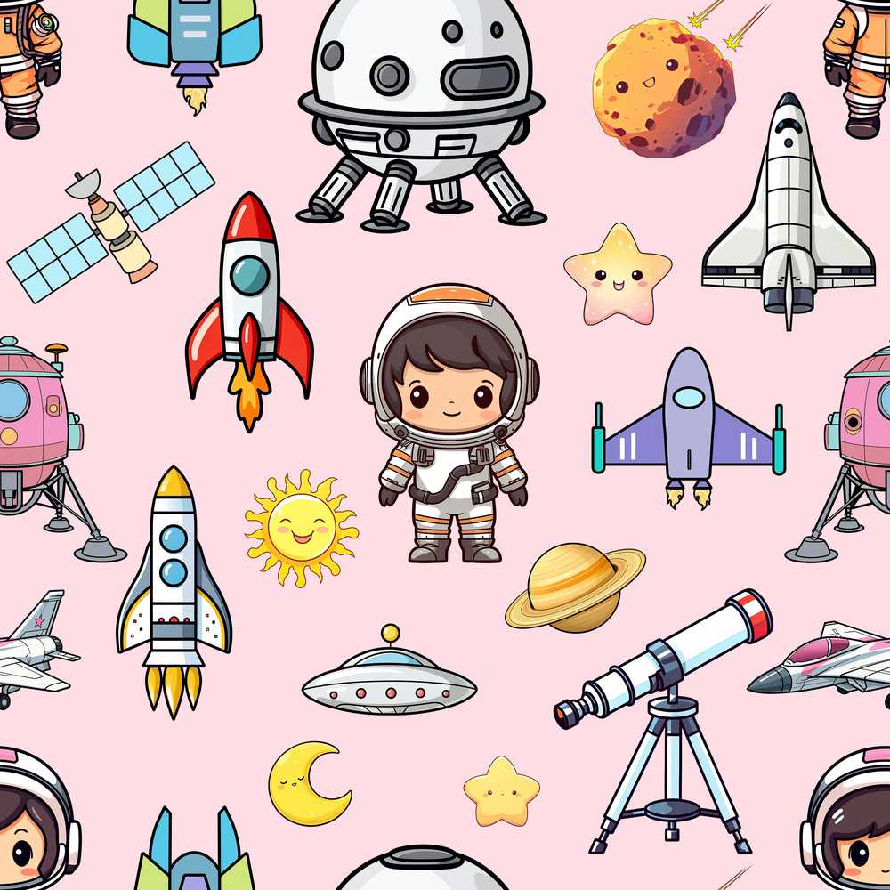 Space Astronaut Rockets UFO Telescope Stars Blush Green Background
