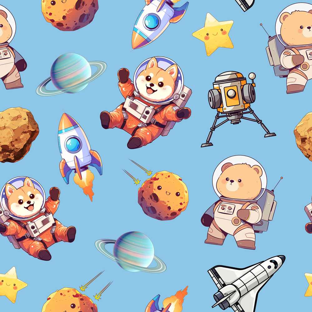 Space Dog Bear Astronaut Rockets Planets Stars Blue Background