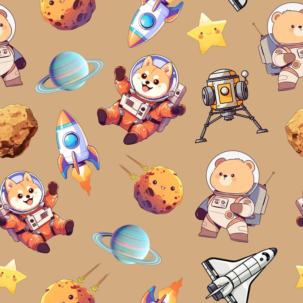 Space Dog Bear Astronaut Rockets Planets Stars Beige Background
