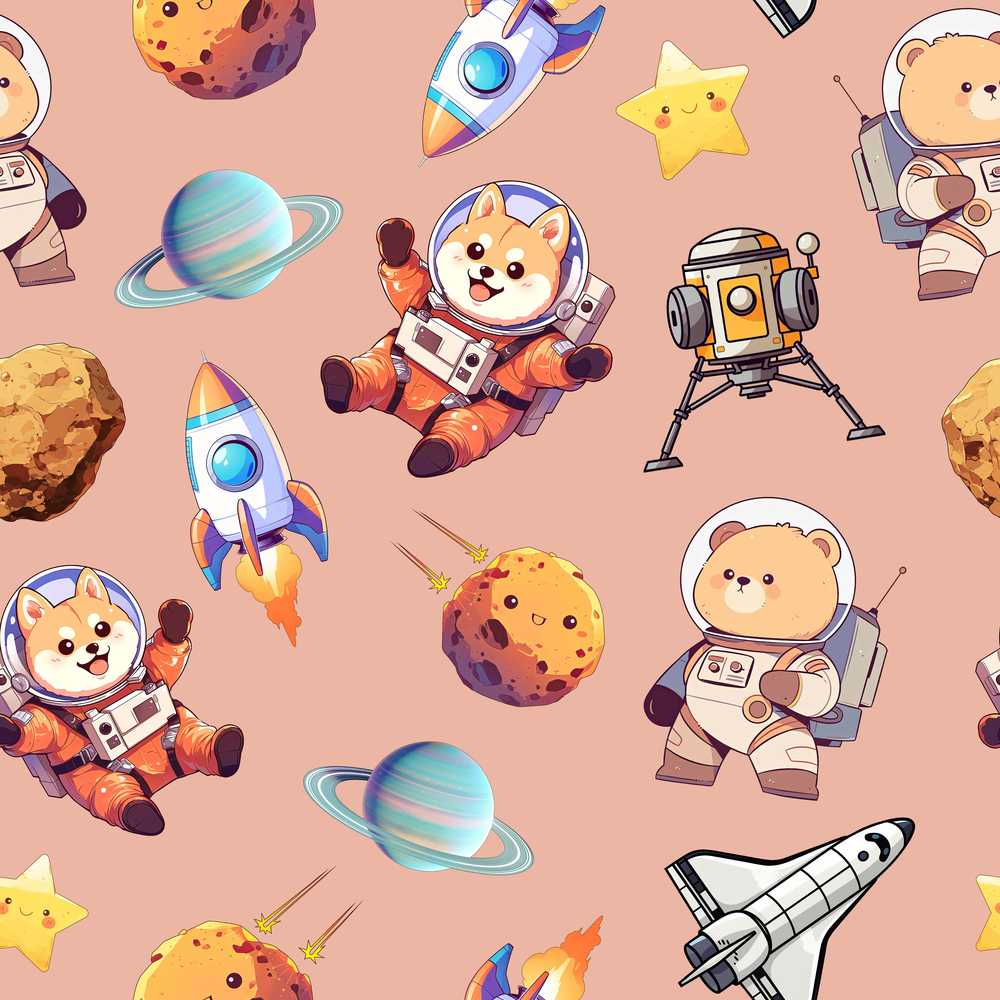 Space Dog Bear Astronaut Rockets Planets Stars Peach Background