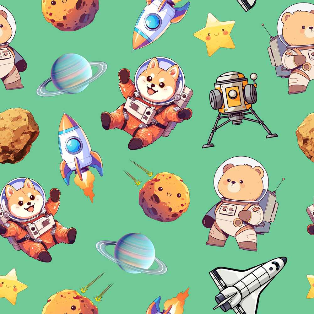 Space Dog Bear Astronaut Rockets Planets Stars Green Background
