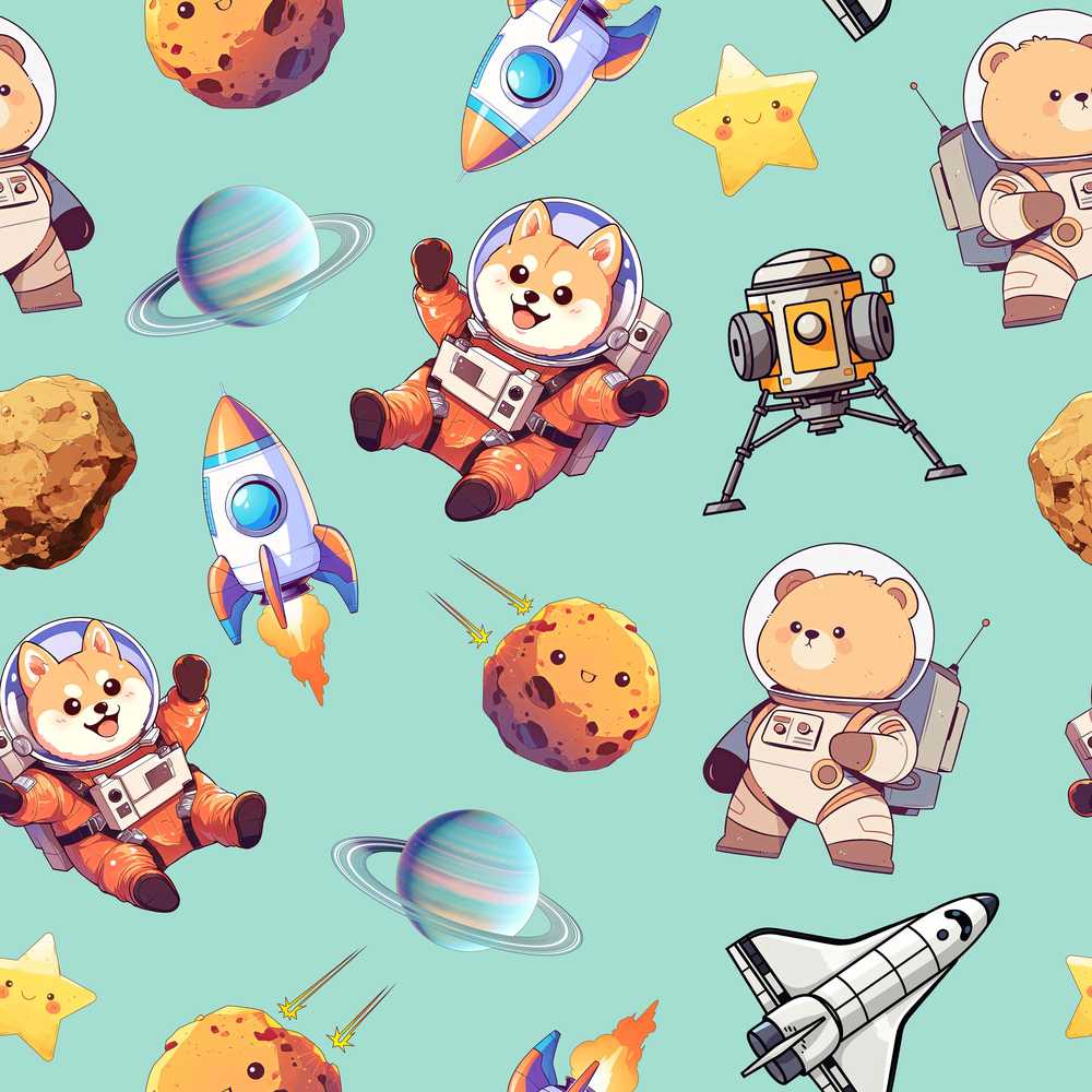Space Dog Bear Astronaut Rockets Planets Stars Teal Background