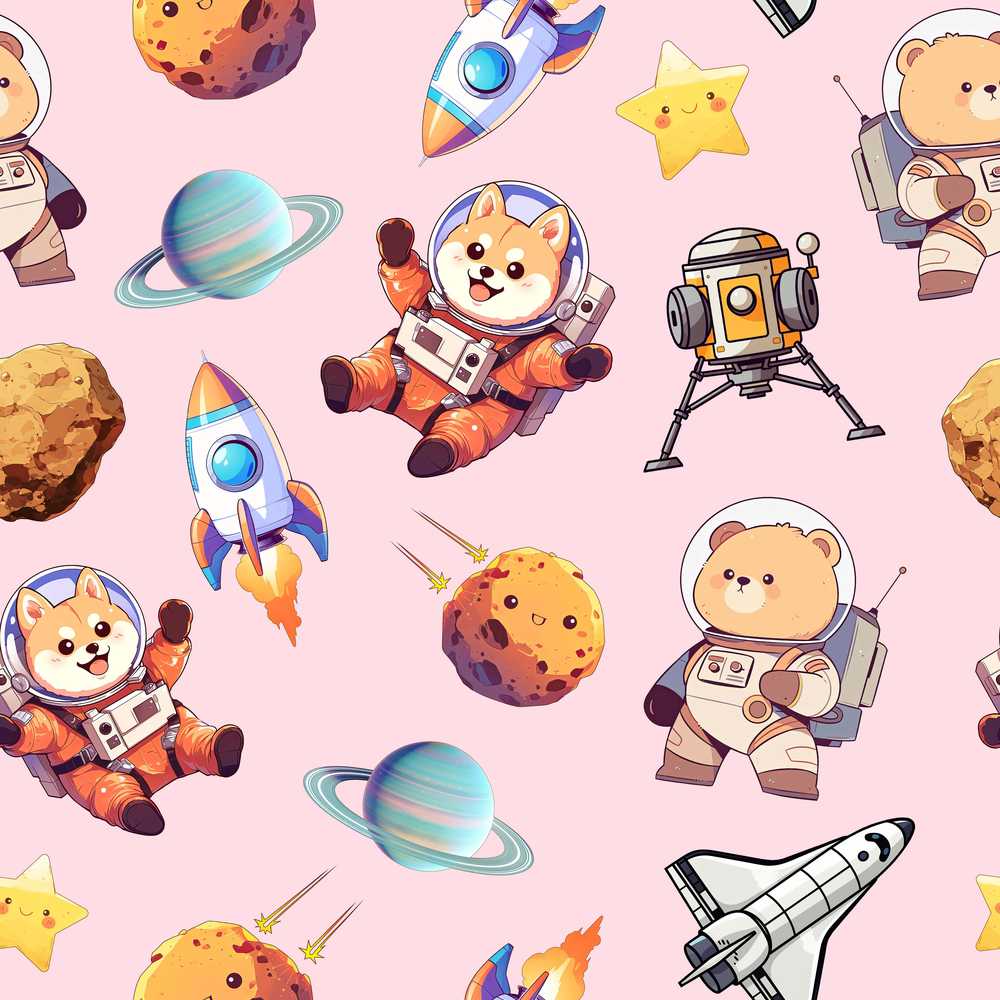 Space Dog Bear Astronaut Rockets Planets Stars Blush Pink Background