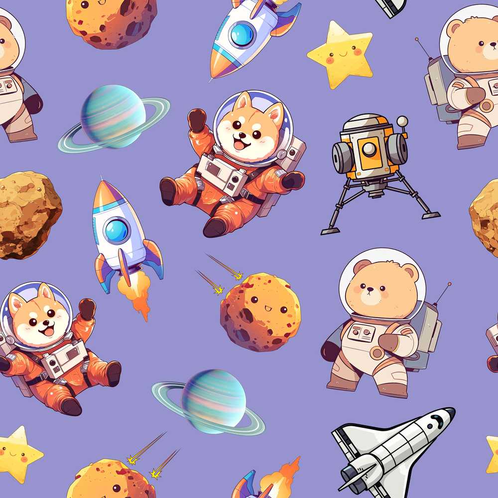 Space Dog Bear Astronaut Rockets Planets Stars Lavender Background