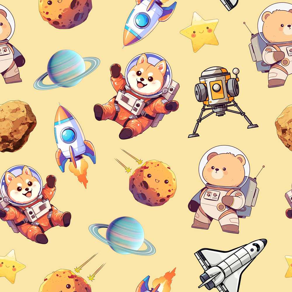 Space Dog Bear Astronaut Rocket Planets Stars Soft Yellow Background