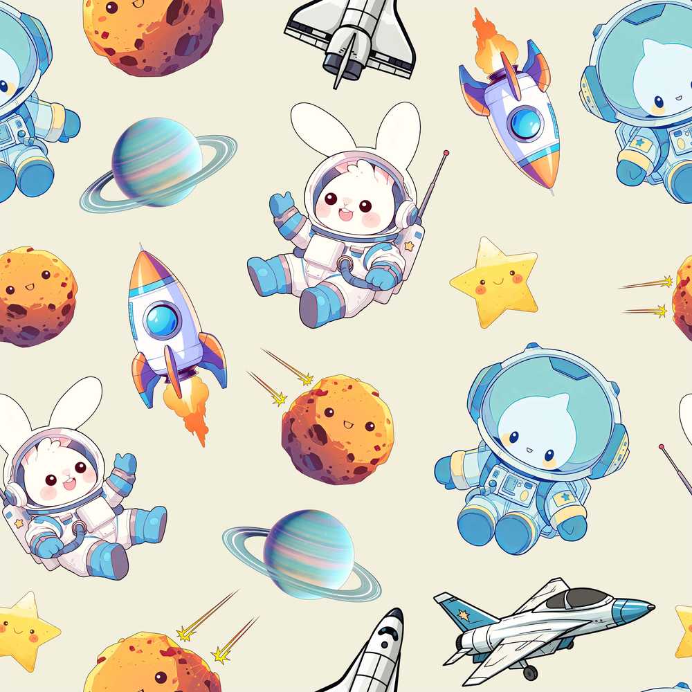 Bunny Astronaut Cat Space Rockets Planets Stars Cream Background