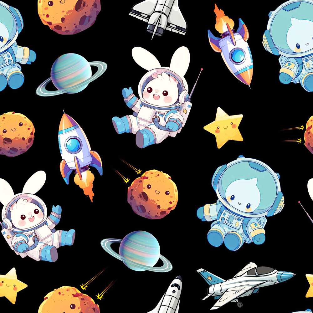 Bunny Astronaut Cat Space Rockets Planets Stars Black Background