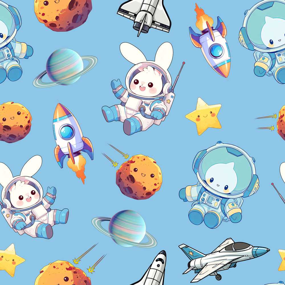 Bunny Astronaut Cat Space Rockets Planets Stars Blue Background