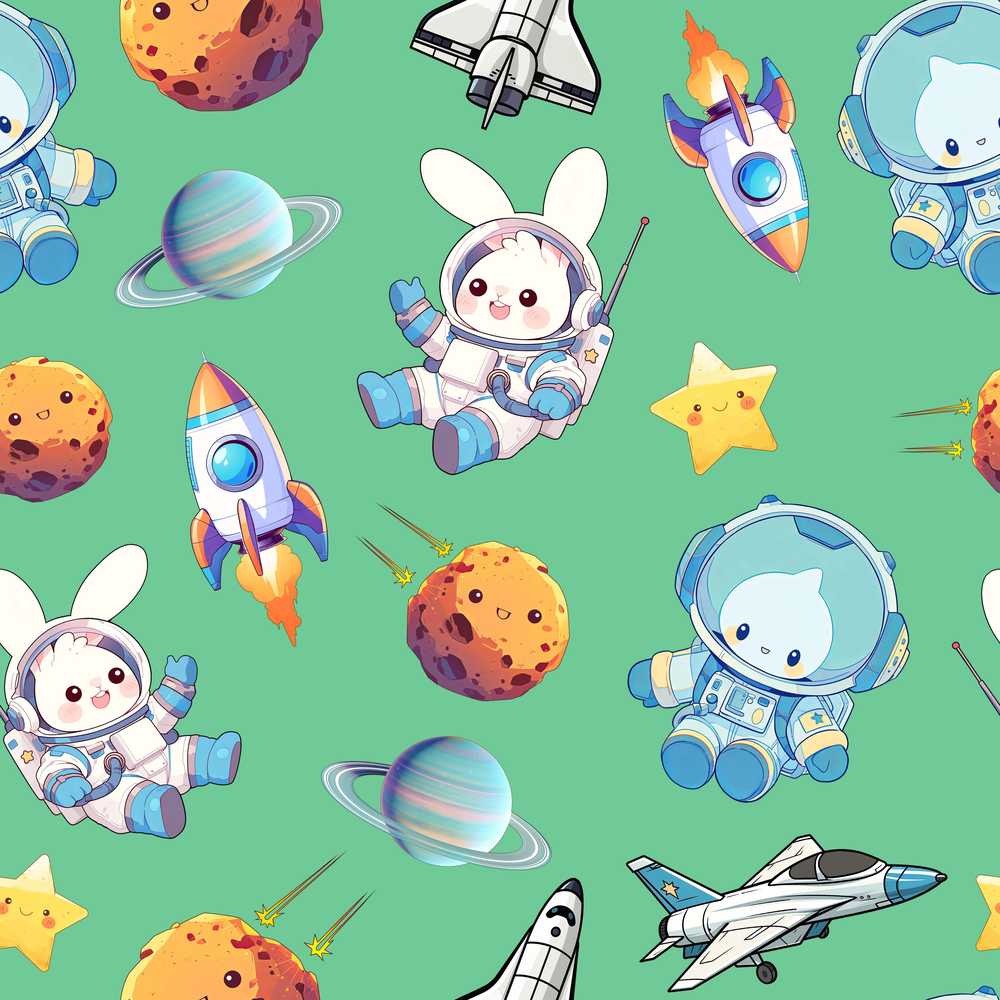 Bunny Astronaut Cat Space Rockets Planets Stars Green Background