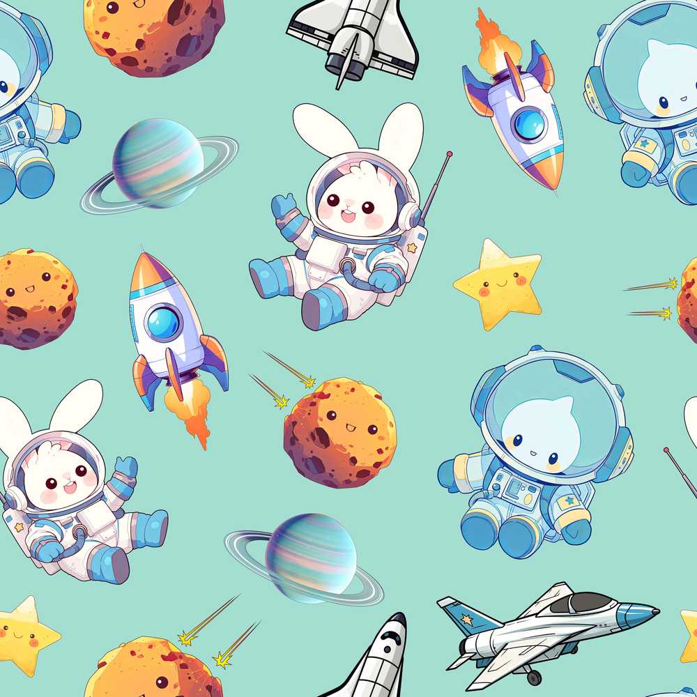 Bunny Astronaut Cat Space Rockets Planets Stars Teal Background