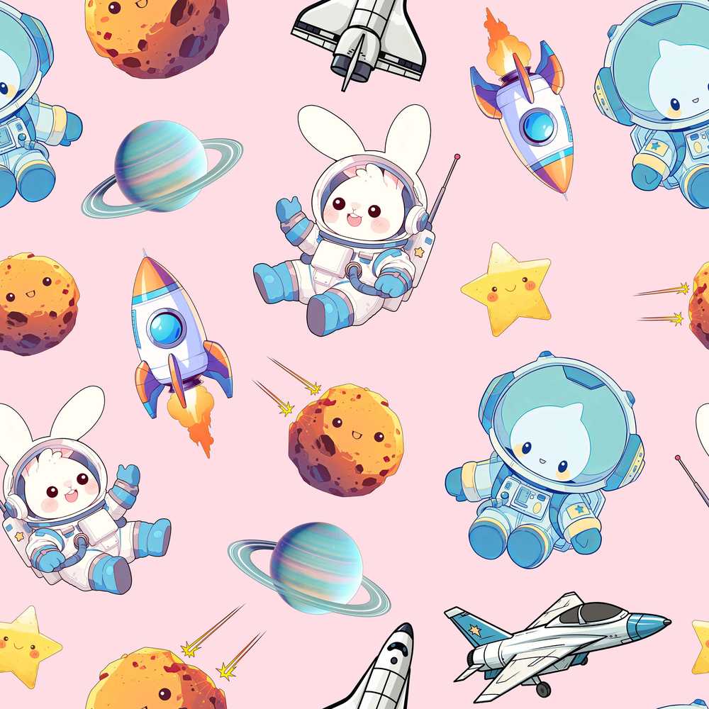 Bunny Astronaut Cat Space Rockets Planets Stars Pink Background