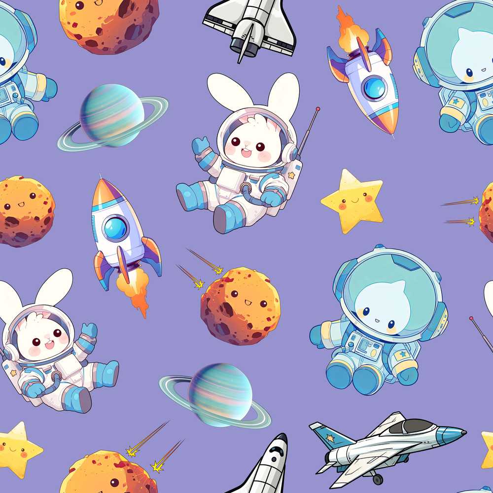 Bunny Astronaut Cat Space Rockets Planets Stars Purple Background