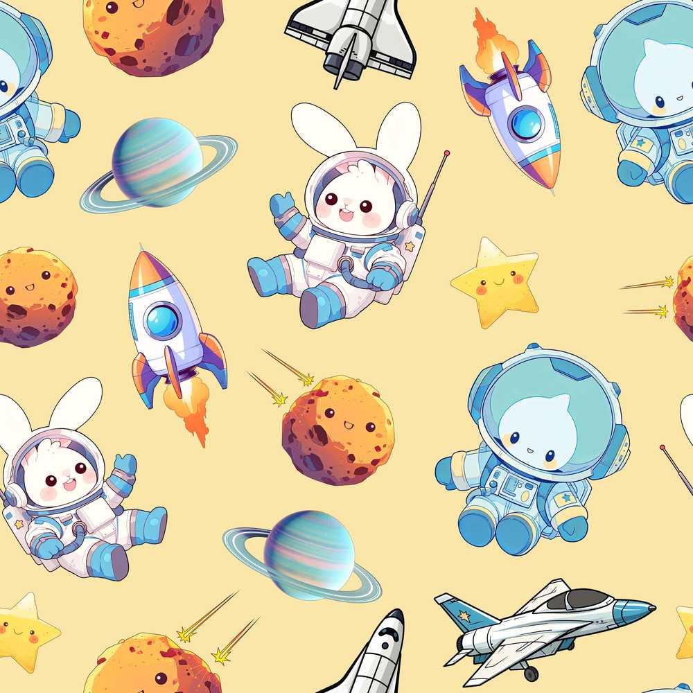Bunny Astronaut Cat Space Rockets Planets Stars Beige Background