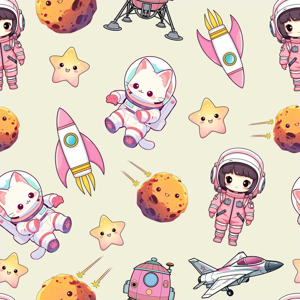 Cat Astronaut Girl Rockets Stars Space Cream Background