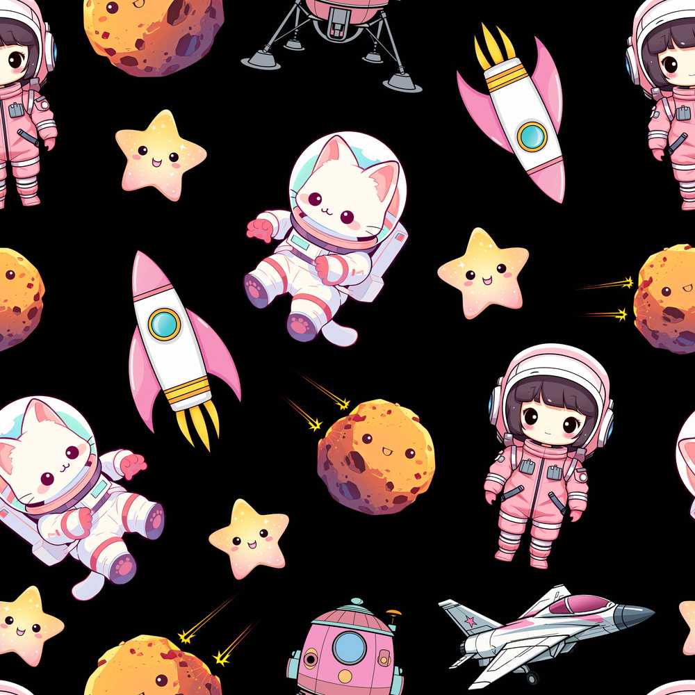 Cat Astronaut Girl Rockets Stars Space Black Background
