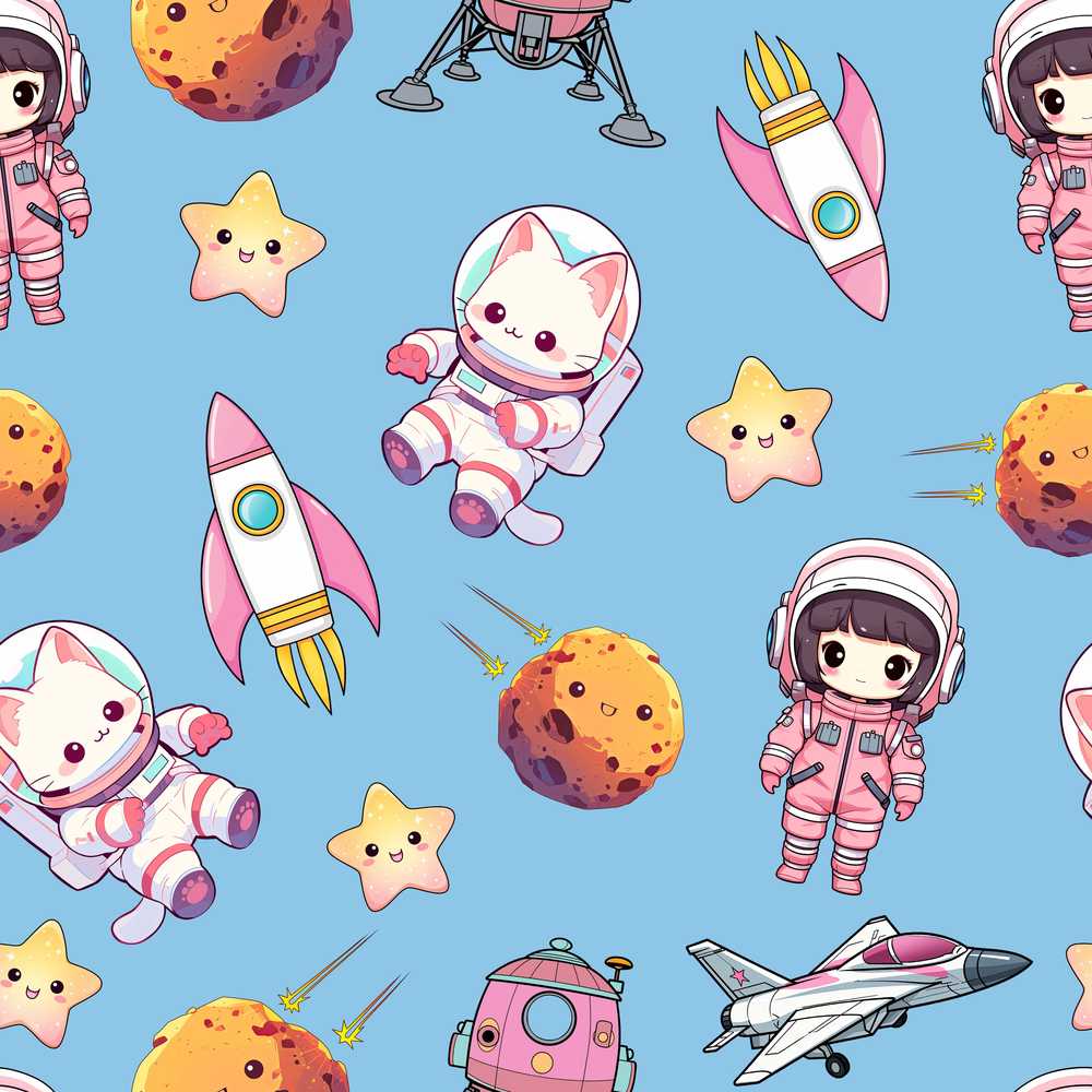 Cat Astronaut Girl Rockets Stars Space Blue Background