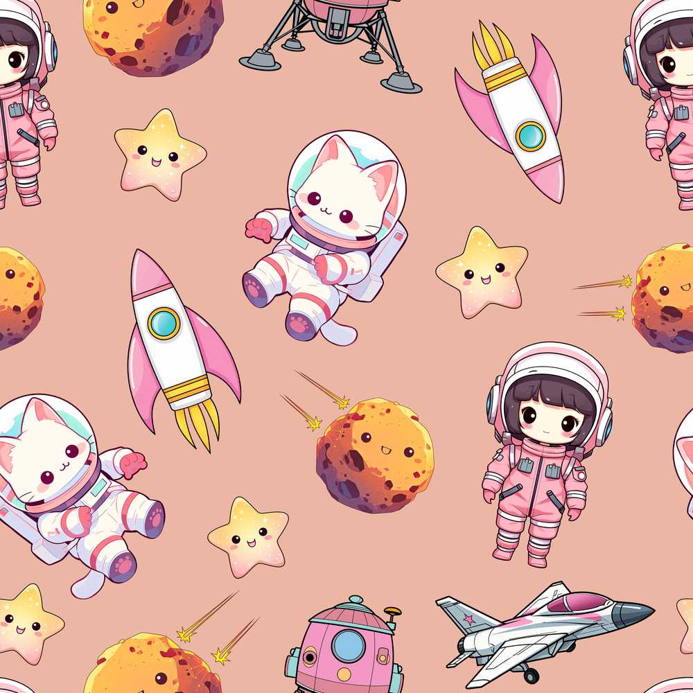 Cat Astronaut Girl Rockets Stars Space Peach Background