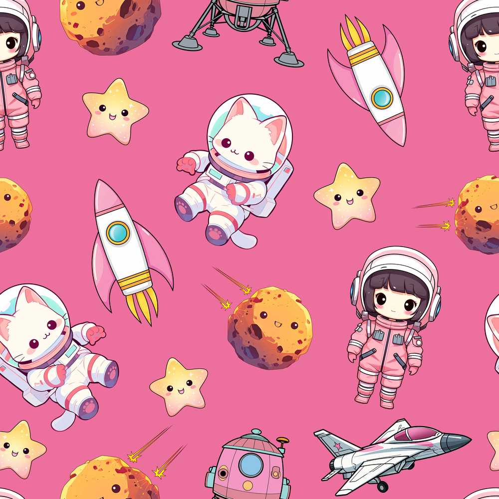 Cat Astronaut Girl Rockets Stars Space Pink Background