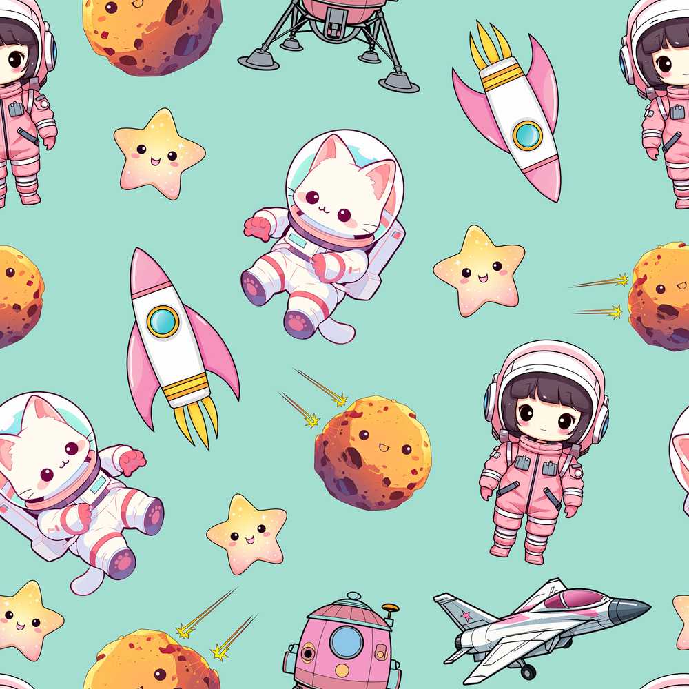 Cat Astronaut Girl Rockets Stars Space Mint Background