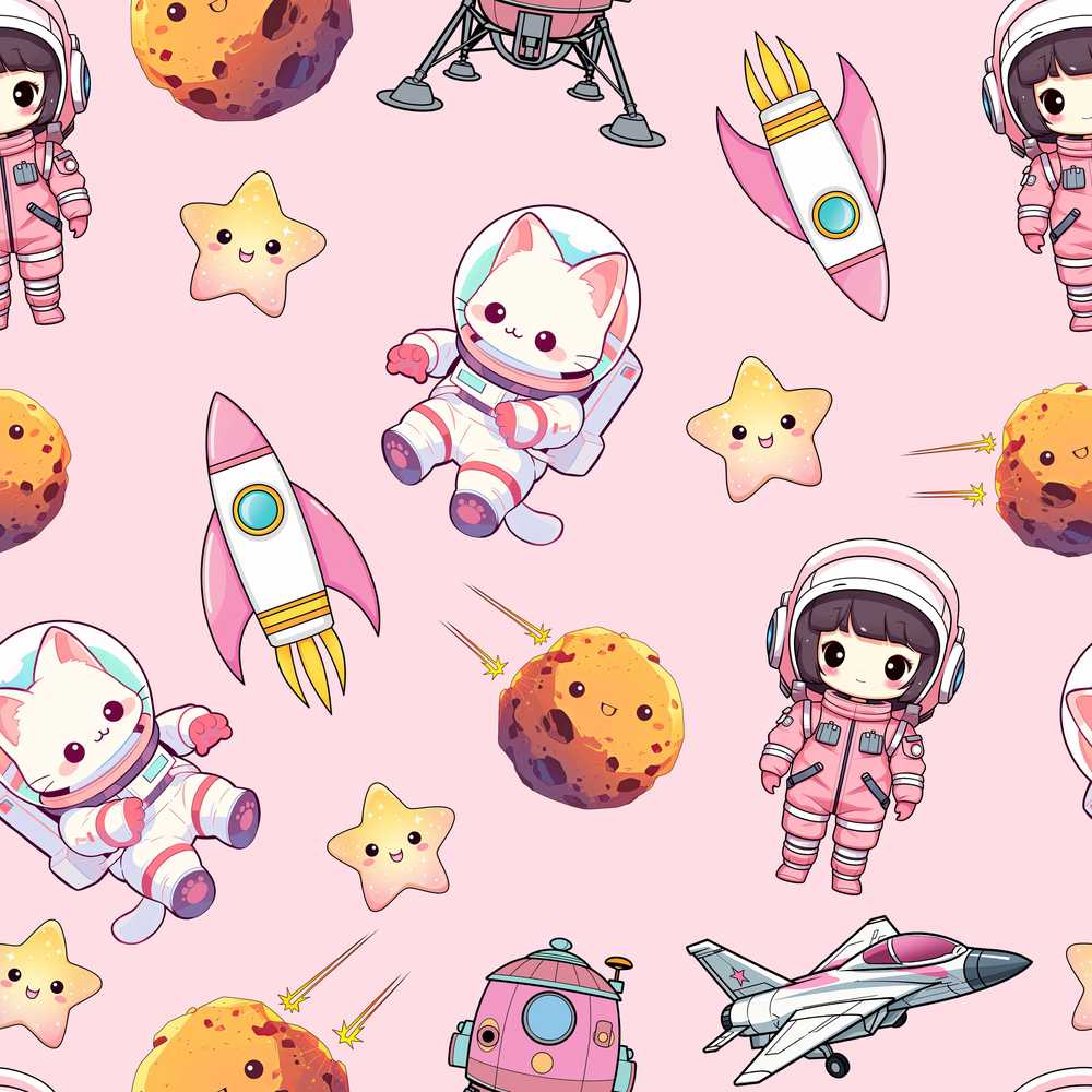 Cat Astronaut Girl Rockets Stars Space Light Pink Background