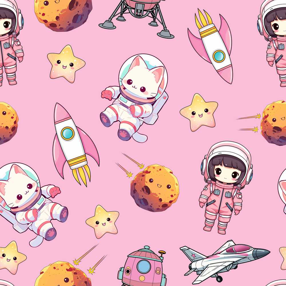 Cat Astronaut Girl Rockets Stars Space Dark Pink Background