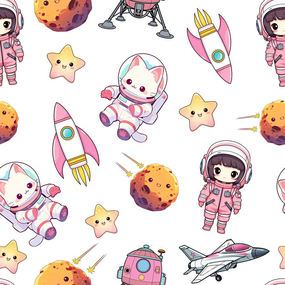 Cat Astronaut Girl Rockets Stars Space Grey Background