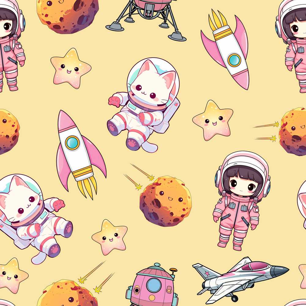Cat Astronaut Girl Rockets Stars Space Beige Background