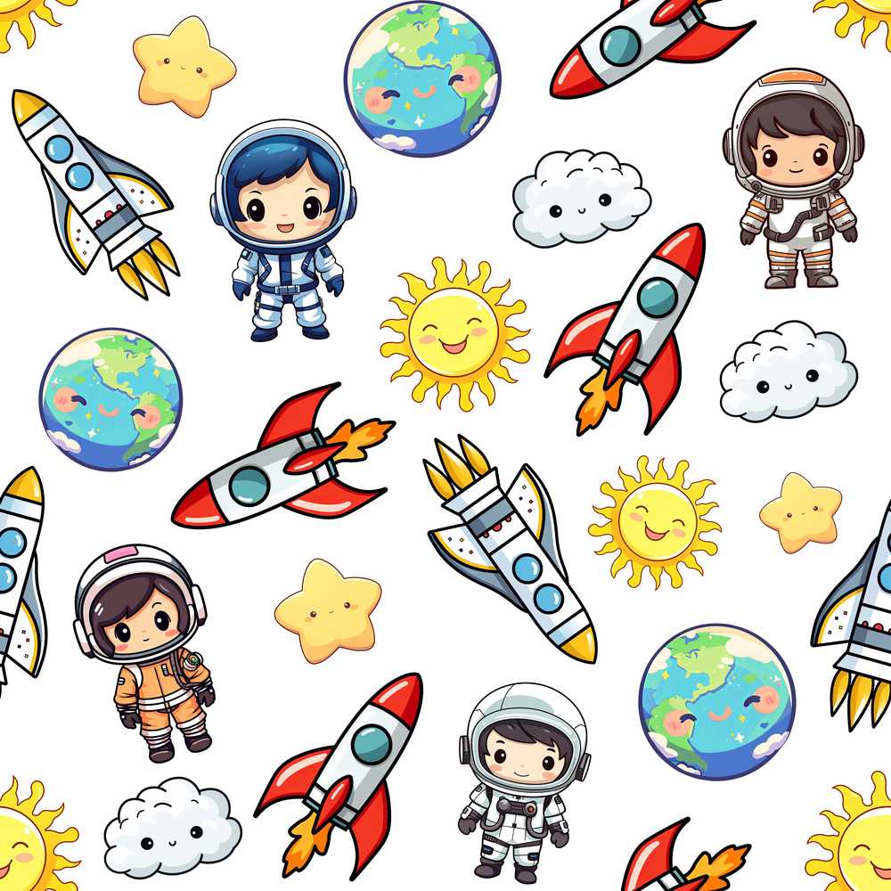 Kids Astronaut Rockets Sun Earth Clouds Space White Background
