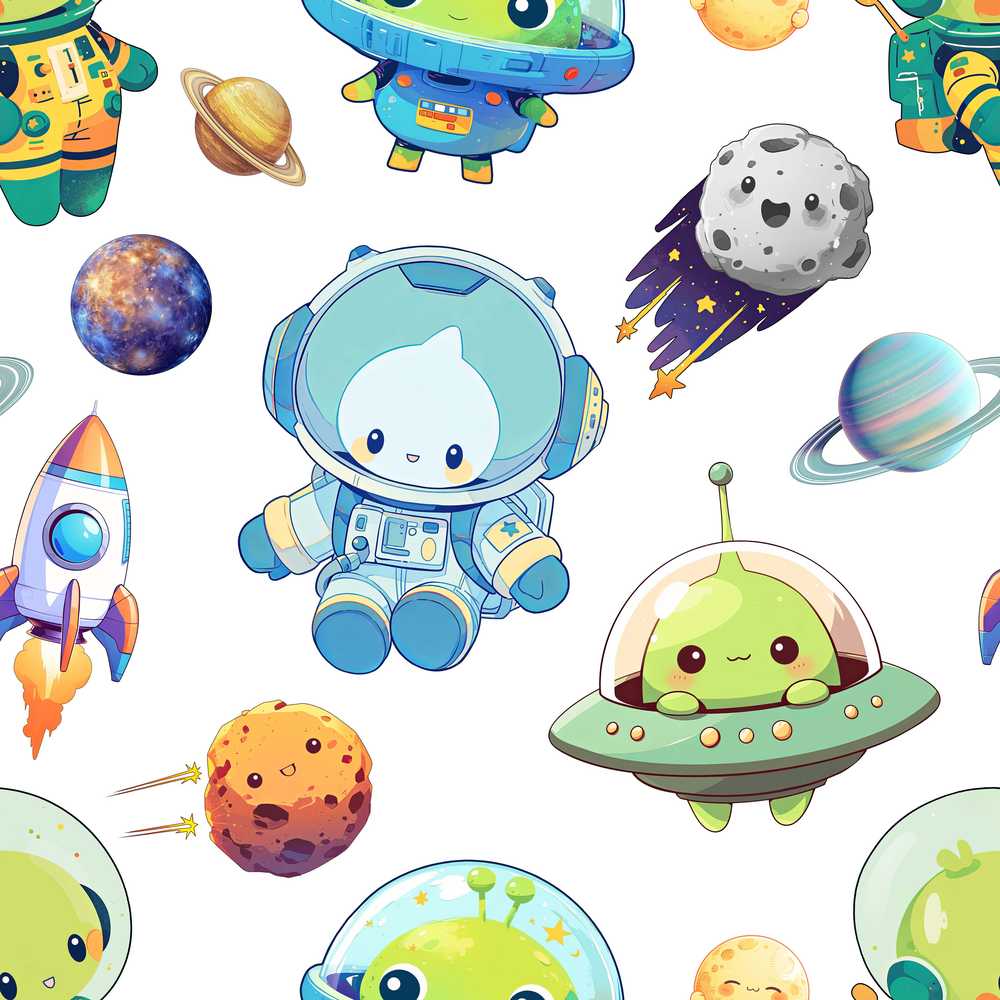 Space Alien Astronaut Planets Meteors UFO White Background