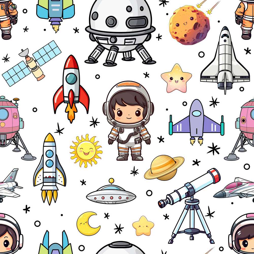 Astronaut Rockets Satellites UFO Space White Background Cosmic
