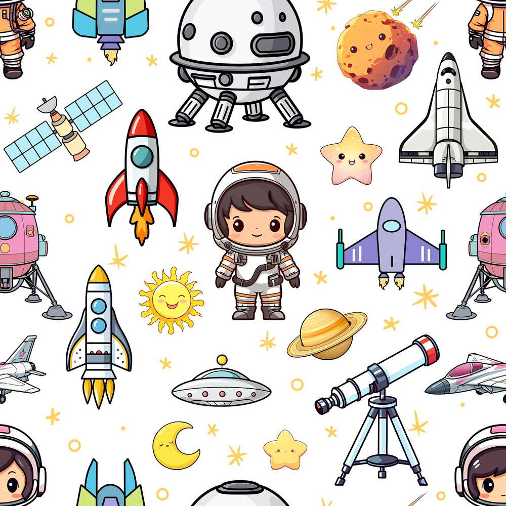 Astronaut Rockets Satellites UFO Space Starry Background Cosmic