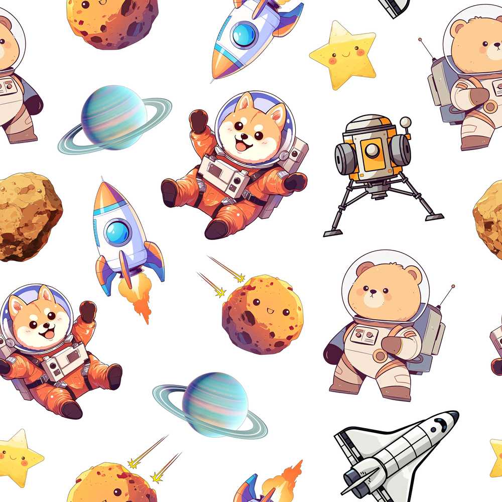 Space Dog Bear Astronaut Rockets Planets White Background