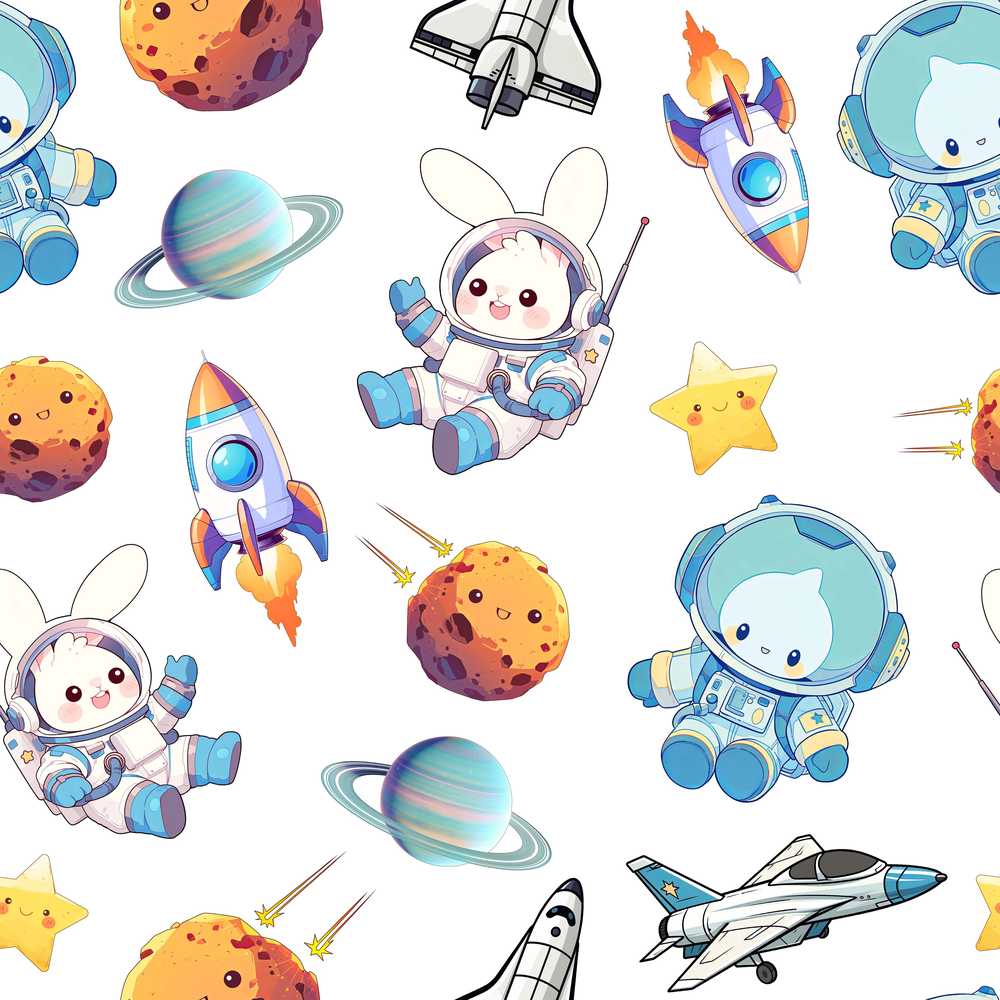 Space Bunny Cat Astronaut Rockets Planets White Background