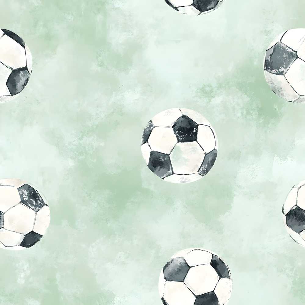 Watercolor Soccer Balls on Soft Green Background Decorative